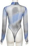 Blue Fashion Sexy Print See-through Skinny Bodysuits