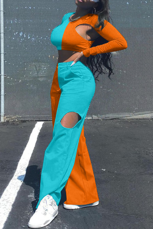 Orange Fashion Casual Patchwork Hollowed Out O Neck Long Sleeve Two Pieces