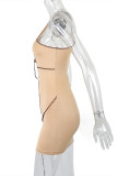 Khaki Fashion Sexy Patchwork Solid Hollowed Out Backless One Shoulder Sleeveless Dress