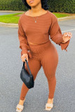 Light Brown Fashion Casual Solid Basic O Neck Long Sleeve Two Pieces