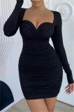 Black Fashion Sexy Solid Fold V Neck Long Sleeve Dresses