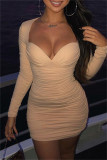 Black Fashion Sexy Solid Fold V Neck Long Sleeve Dresses