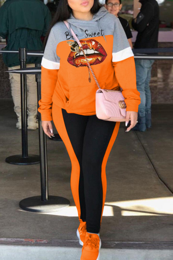 Orange Fashion Casual Lips Printed Patchwork Hooded Collar Long Sleeve Two Pieces