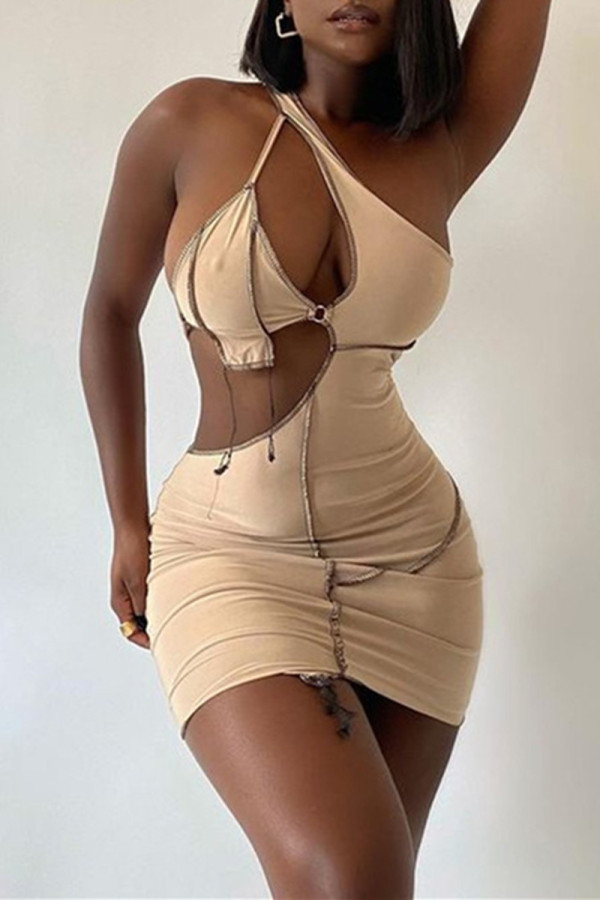 Khaki Fashion Sexy Patchwork Solid Hollowed Out Backless One Shoulder Sleeveless Dress