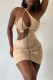 Khaki Fashion Sexy Patchwork Solid Hollowed Out Backless One Shoulder Sleeveless Dress
