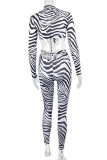 Zebra Fashion Sexy Print Bandage Hollowed Out Turtleneck Long Sleeve Two Pieces