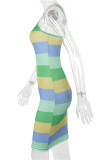 Pink Sexy Casual Striped Backless V Neck Sling Dress