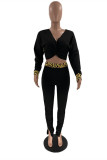 Black Fashion Casual Print Leopard Split Joint Fold V Neck Long Sleeve Two Pieces
