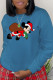 Blue Fashion Cute Print Patchwork O Neck Tops