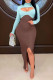 Blue Sexy Casual Patchwork Hollowed Out Slit Turtleneck Long Sleeve Dresses