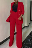 Red Fashion Casual Solid Cardigan Pants Turndown Collar Long Sleeve Two Pieces
