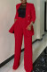 Red Fashion Casual Solid Cardigan Pants Turndown Collar Long Sleeve Two Pieces