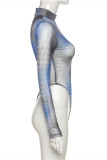 Blue Fashion Sexy Print See-through Skinny Bodysuits