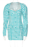 Green Sexy Casual Letter Print Patchwork Square Collar Long Sleeve Dresses