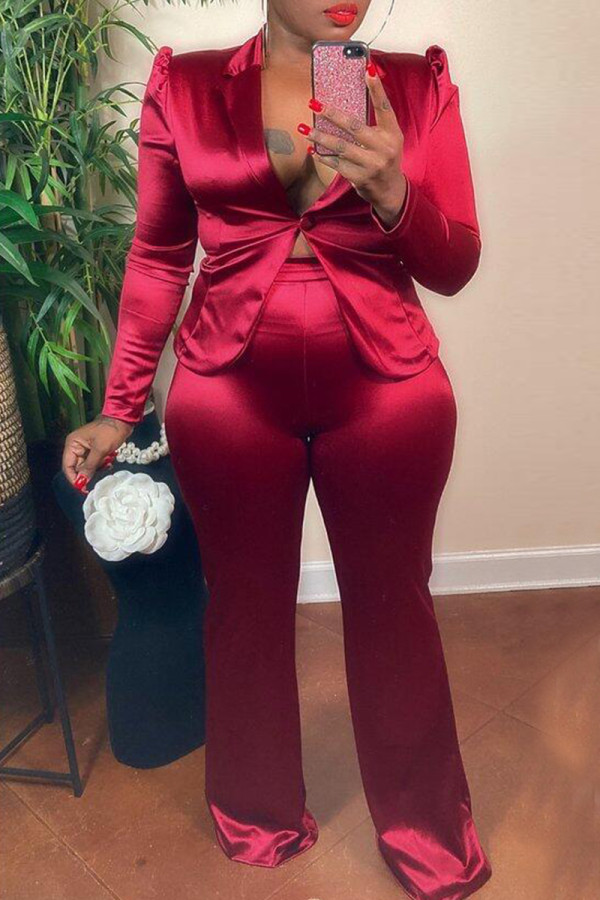 Burgundy Fashion Casual Solid Cardigan Pants Turndown Collar Long Sleeve Two Pieces