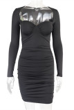 Black Fashion Sexy Solid Fold V Neck Long Sleeve Dresses