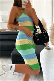 Pink Sexy Casual Striped Backless V Neck Sling Dress