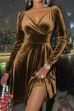 Brown Fashion Sexy Solid Basic V Neck Long Sleeve Dresses