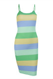 Pink Sexy Casual Striped Backless V Neck Sling Dress