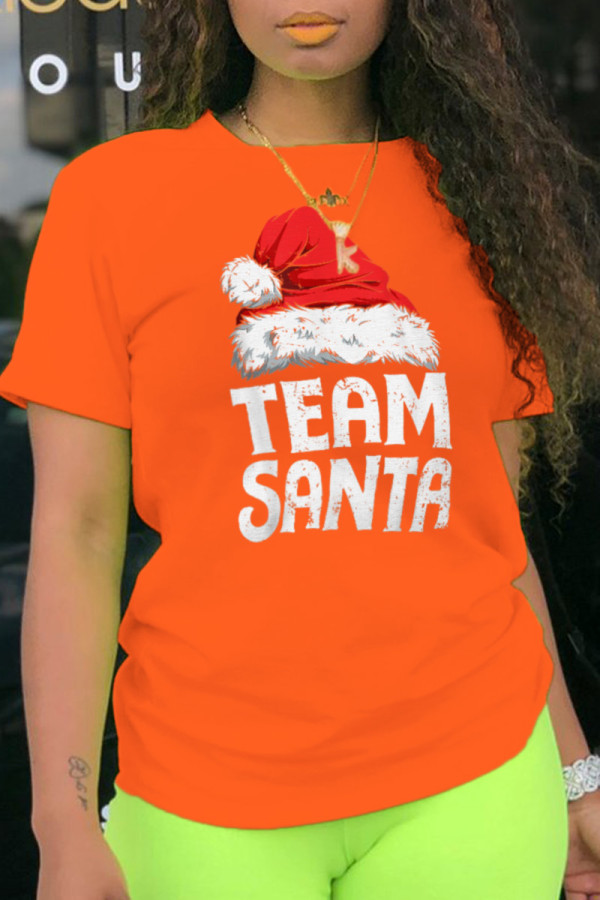 Orange Party Vintage Print Patchwork O Neck T-Shirts
