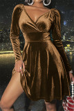 Brown Fashion Sexy Solid Basic V Neck Long Sleeve Dresses