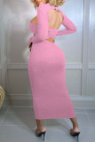 Pink Fashion Sexy Solid Hollowed Out Half A Turtleneck Long Sleeve Two Pieces