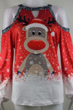 Red Fashion Casual Print Hollowed Out O Neck Tops