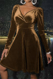 Brown Fashion Sexy Solid Basic V Neck Long Sleeve Dresses