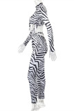 Zebra Fashion Sexy Print Bandage Hollowed Out Turtleneck Long Sleeve Two Pieces