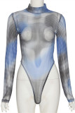 Blue Fashion Sexy Print See-through Skinny Bodysuits