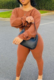 Light Brown Fashion Casual Solid Basic O Neck Long Sleeve Two Pieces