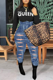 Black Fashion Casual Letter Print Ripped Patchwork O Neck Skinny Jumpsuits
