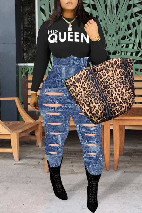 Black Fashion Casual Letter Print Ripped Patchwork O Neck Skinny Jumpsuits