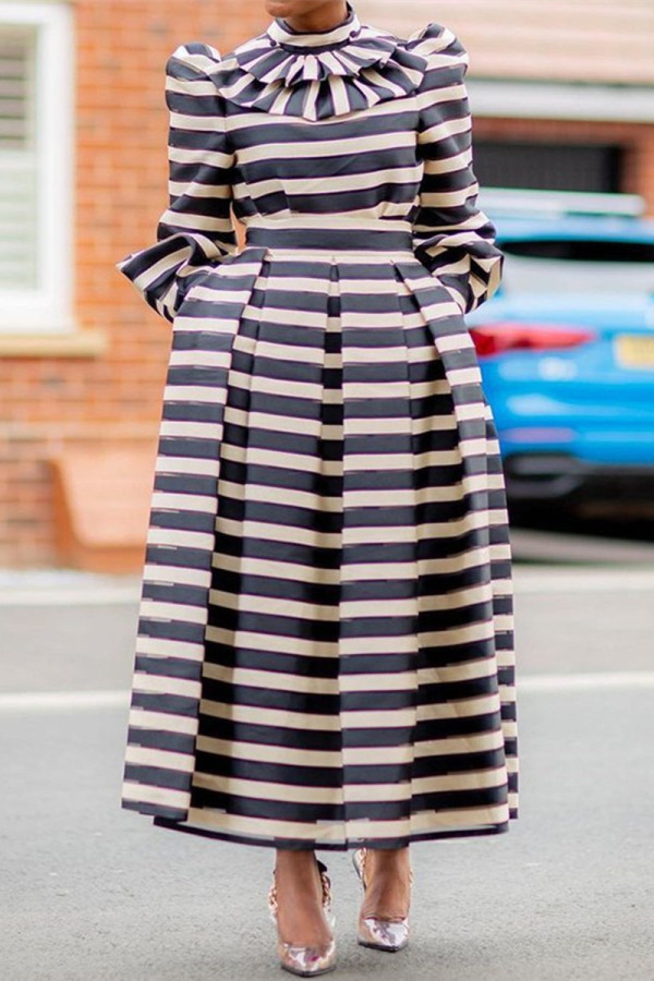 Multicolor Fashion Casual Striped Patchwork Turtleneck Long Sleeve Dresses