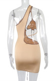 Khaki Fashion Sexy Patchwork Solid Hollowed Out Backless One Shoulder Sleeveless Dress