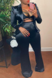 Black Fashion Casual Solid Cardigan Pants Turndown Collar Long Sleeve Two Pieces