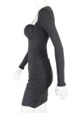 Black Fashion Sexy Solid Fold V Neck Long Sleeve Dresses