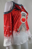 Red Fashion Casual Print Hollowed Out O Neck Tops