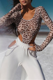 Leopard Print Fashion Sexy Print Leopard See-through O Neck Skinny Romper