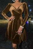 Brown Fashion Sexy Solid Basic V Neck Long Sleeve Dresses