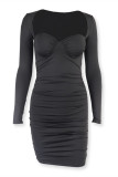 Black Fashion Sexy Solid Fold V Neck Long Sleeve Dresses