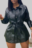 Yellow Fashion Casual Solid With Belt Turndown Collar Long Sleeve Dresses