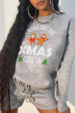Grey Fashion Cute Print Patchwork O Neck Tops