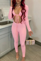 Pink Sexy Casual Solid Bandage Hollowed Out V Neck Skinny Jumpsuits