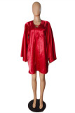 Red Fashion Casual Solid Hollowed Out V Neck Long Sleeve Dresses