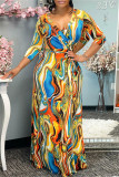 Orange Fashion Sexy Print Basic V Neck Long Sleeve Dresses