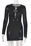 Black Fashion Sexy Patchwork Hollowed Out See-through O Neck Long Sleeve Dresses