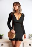 Black Acetyl fiber Fashion adult Street Cap Sleeve Long Sleeves V Neck Step Skirt Mini Patchwork Embroider