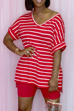 Yellow Casual Striped Split Joint V Neck Short Sleeve Two Pieces