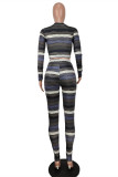 Blue Fashion Casual Striped Print Patchwork O Neck Long Sleeve Two Pieces